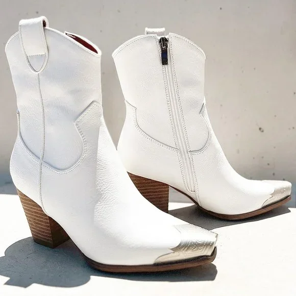 NEW White PU Leather Metal Cap Toe Block Heel Cowgirl Cowboy Western Ankle Boots - Picture 6 of 16